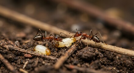 Ants Caring for Larvae on Soil with Twigs in Natural Environment