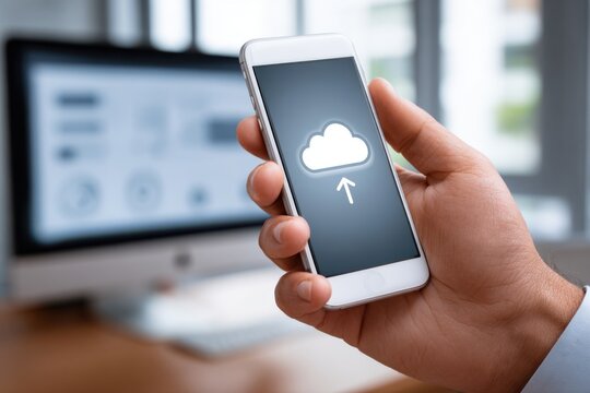 Hand holding smartphone displaying cloud upload icon, blurred computer screen in the background.