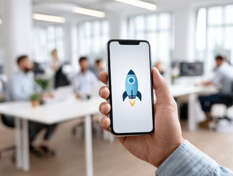 Hand holding smartphone with rocket icon, blurred office background with people working, launching new project or app.