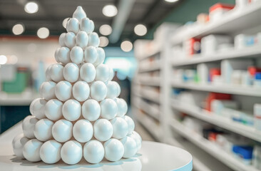 empty white flasks without labels, folded in the form of a Christmas tree on a blurred background, with medicines in the pharmacy. free space for text. Pharmacology