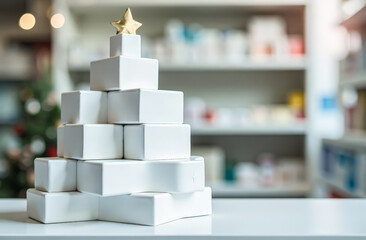 empty white boxes without labels stacked in the shape of a Christmas tree on a blurred background with medical supplies in a pharmacy. free space for text