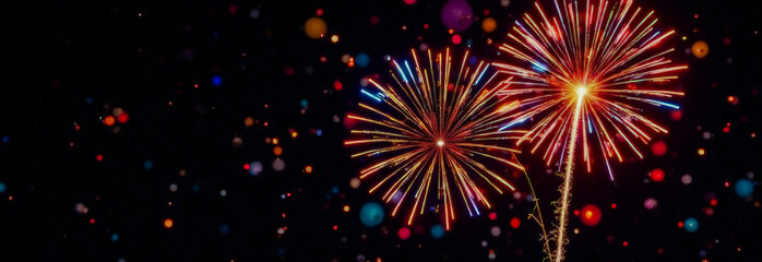 Fototapeta premium fireworks lights on a black background. Christmas and New Year greeting card. 3d illustration