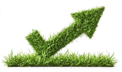 Vibrant green up arrow, crafted from lush grass, symbolizing sustainable growth and eco-friendly progress. This image represents the positive environmental development, Generative AI