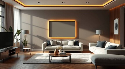 Modern Living Room With Stylish Furniture And Ambient Lighting