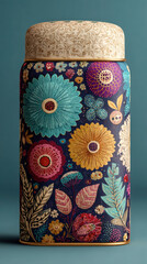 Colorful floral patterned jar with a textured lid