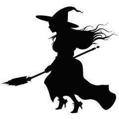 Black silhouette of a young witch on white background.