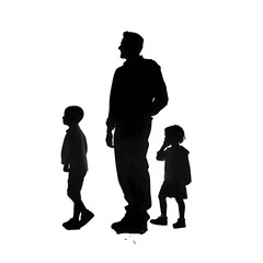 Black silhouette of father with son and daughter on white background.