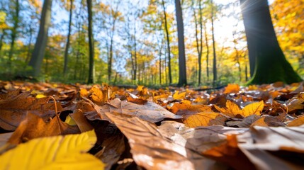 Acrylic artwork of forest floor covered in autumn leaves, sunlit trees above