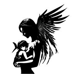 Vector illustration of a woman and baby in black silhouette against a clean white background, capturing graceful forms.