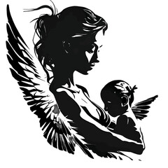 Vector illustration of a woman and baby in black silhouette against a clean white background, capturing graceful forms.