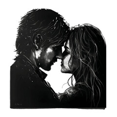 Black silhouette of a love couple on white background.