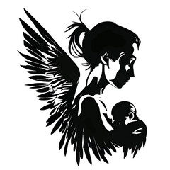 Vector illustration of a woman and baby in black silhouette against a clean white background, capturing graceful forms.