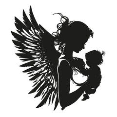 Vector illustration of a woman and baby in black silhouette against a clean white background, capturing graceful forms.
