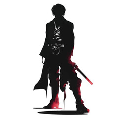Black silhouette of a man with a sword on white background.