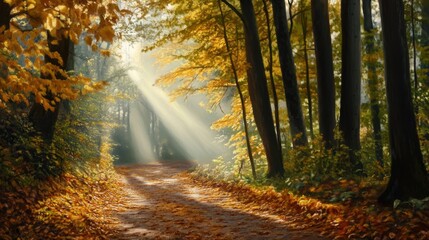 Obraz premium Acrylic painting of autumn path with golden trees and soft sunlight breaking through