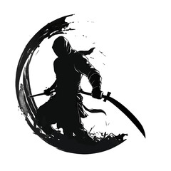 Black silhouette of samurai in a circle on white background.