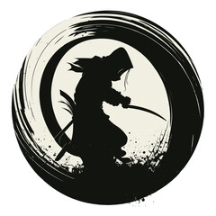 Black silhouette of samurai in a circle on white background.