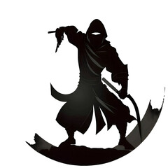 Black silhouette of samurai in a circle on white background.