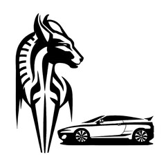 Black silhouette of horse and car on white background. Logo