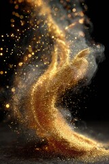 Golden swirling hand of smoke and glittering particles against a black backdrop