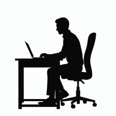 Silhouette of a man working on a laptop at a desk, isolated on white background