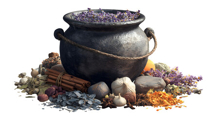 Witch's cauldron with herbs and spices, isolated on transparent background
