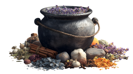 Witch's cauldron with herbs and spices, isolated on transparent background
