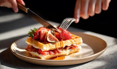 A gourmet breakfast sandwich made with golden waffles, filled with several slices of premium red serrano ham elegantly arranged.