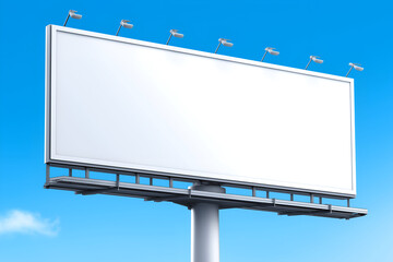 Obraz premium Blank White Billboard Against Bright Blue Sky Advertising Mockup. Mock up promotion information for marketing announcements and details, blank white space.