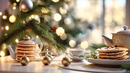 Cozy holiday breakfast scene with pancakes and tea on festive table