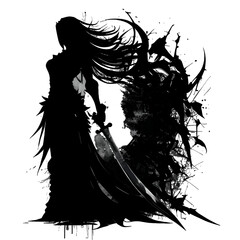 Fototapeta premium Black silhouette of a girl with sword on grey background.