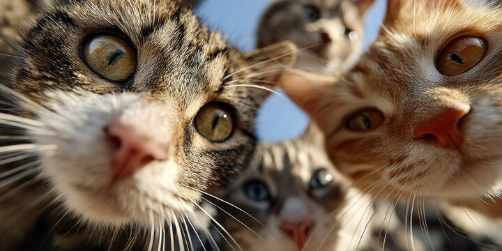 A fun, close-up perspective of multiple cats looking directly at the camera