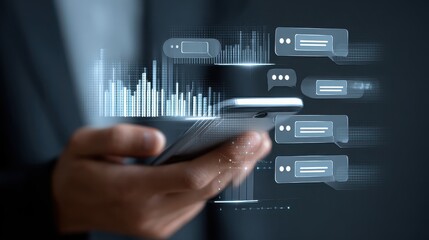 Data Analysis with Mobile Phone, Charts, and Message Bubbles Overlay