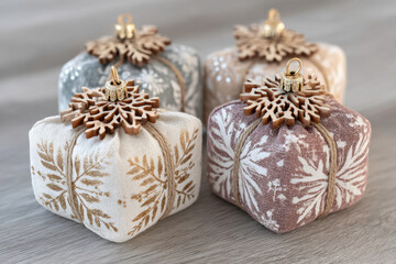 Fototapeta premium Four square fabric ornaments decorated with twine and wooden snowflakes