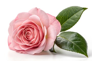 Delicate pink camellia flower with green leaves on white background