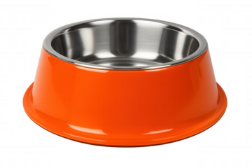 Empty pet bowl made of steel and orange plastic, isolated on transparent background, ready for kibble