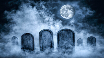 A cemetery at night, illuminated by the light of a full moon. Several old tombstones surrounded by fog. A large full moon shines brightly, surrounded by clouds. Halloween.