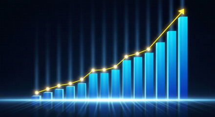 Blue bar graph with yellow trend line showing upward growth and progress in business