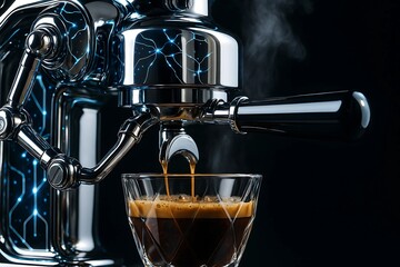 Shiny espresso machine pulling shot into faceted glass with blue tech accent and steam