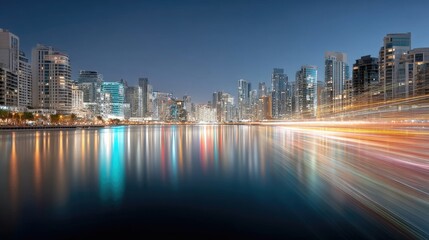 Obraz premium Night City Skyline Reflected in River with Colorful Lights