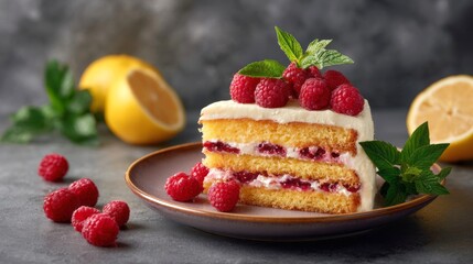 slice of raspberry and cream cake with mint garnish sits on a plate, surrounded by loose raspberries and blurred lemons in the background