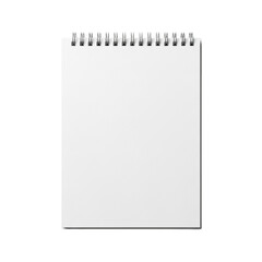 A brand-new, pristine, blank white spiral-bound notebook with a matte cover and silver metallic binding, isolated on a seamless transparent background with soft overhead light, floating effect,