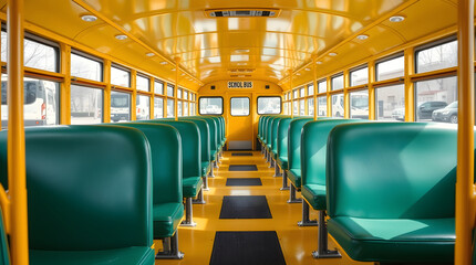 Empty school bus interior showing green seats and yellow floor