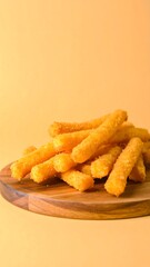 Golden Crispy Mozzarella Sticks on a Wooden Board, Delicious Appetizer