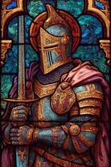 Obraz premium Stained glass knight in ornate armor, holding a sword