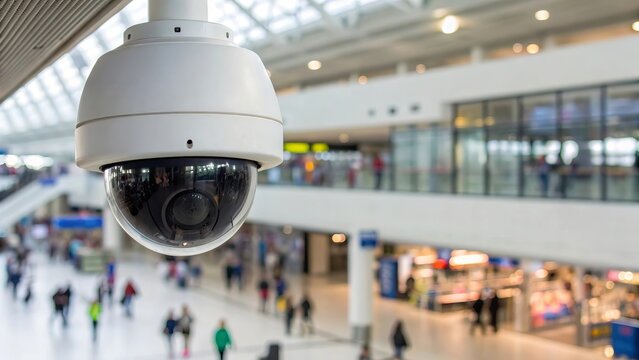 Closeup of a white dome-type CCTV digital security camera installed in a busy airport, with blurred travelers and shops in the background, capturing activity for observation
