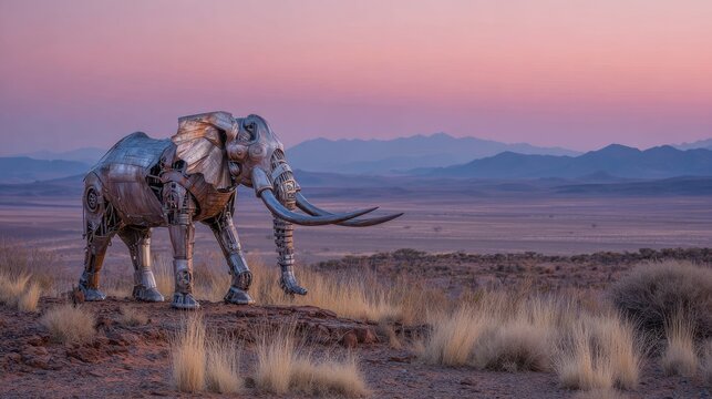 Metal elephant sculpture atop desert vista,  pink sunrise - Powered by Adobe