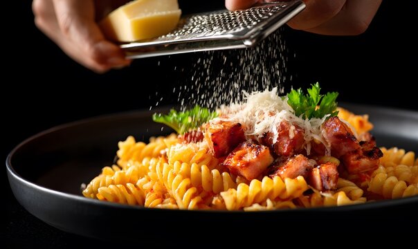 a gourmet fusilli pasta with rich red tomato sauce, topped with several glossy, appetizing cubes of grilled ham with visible sear marks, and a few leaves of parsley. - Powered by Adobe