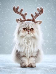 Adorable Persian Cat Wearing Festive Reindeer Antlers