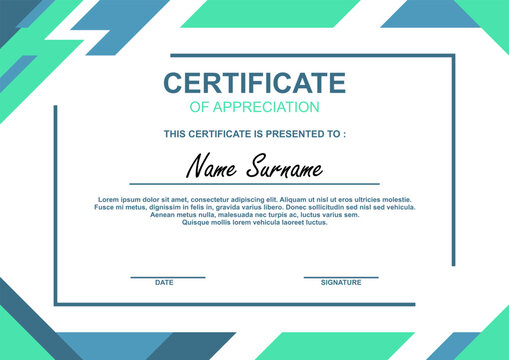Certificate of appreciation template with modern geometric design in green and blue tones, ideal for awards and recognition.